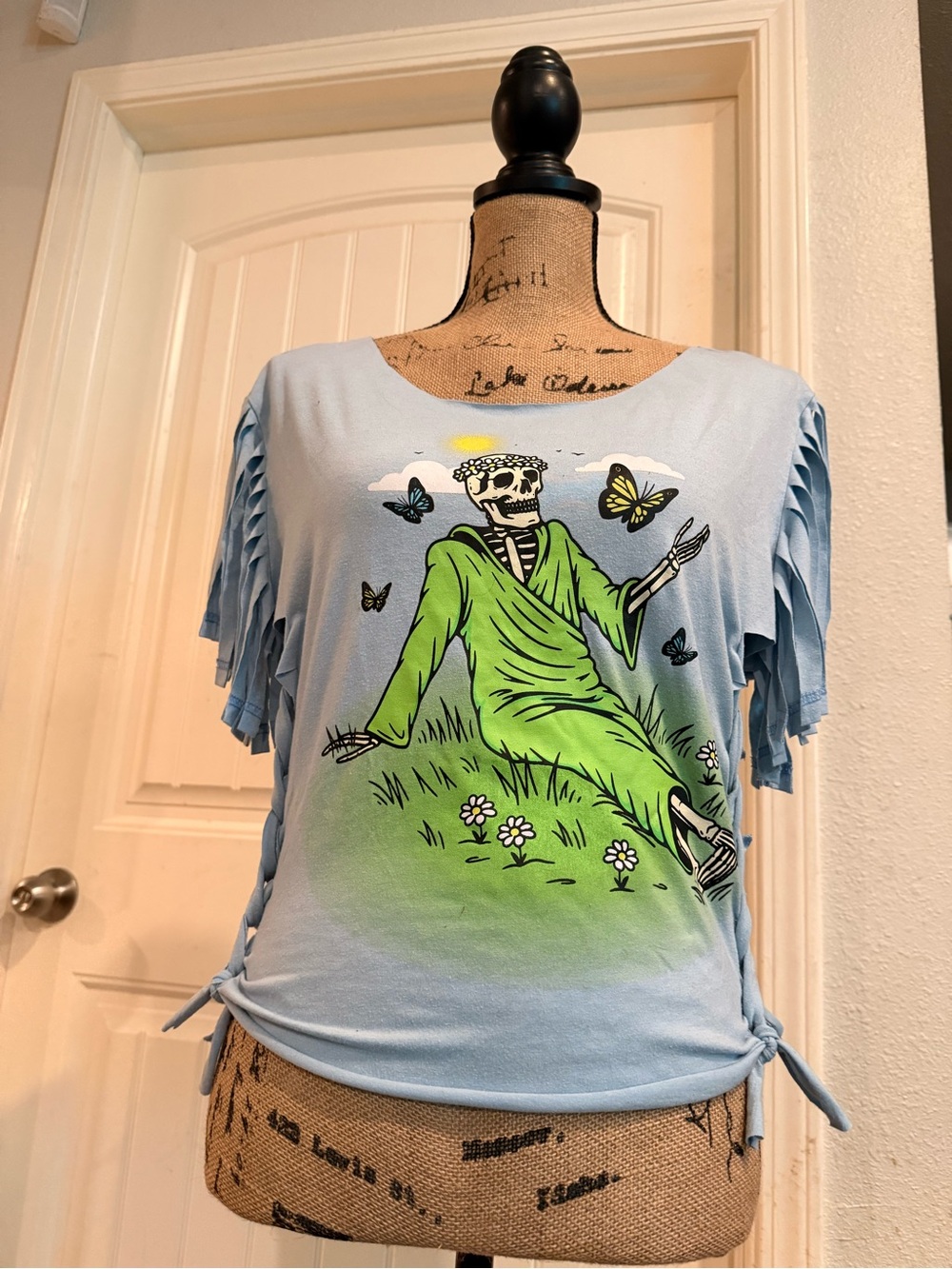 Upcycled Skeleton Butterfly Fringe Tee – Small